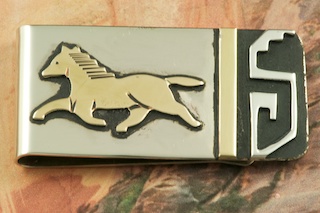 Beautiful Gold Fill Horse Design on Sterling Silver set on a Nickel Silver Money Clip. Created by Navajo Artist Tommy Singer.